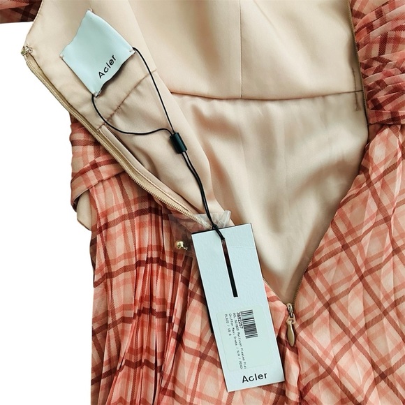 NWT Acler Mattison Pleated Plaid Chiffon Maxi Dress in Peach Size 6 Chic Retro - Picture 11 of 15